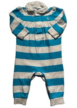 Ralph Lauren Baby 6M Blue White Striped Footless Romper Ruffle Collar Pony